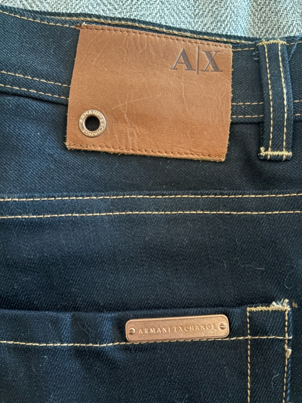 Armani Exchange Dark Blue Jeans with Brown Leather Patch - Picture 2 of 6